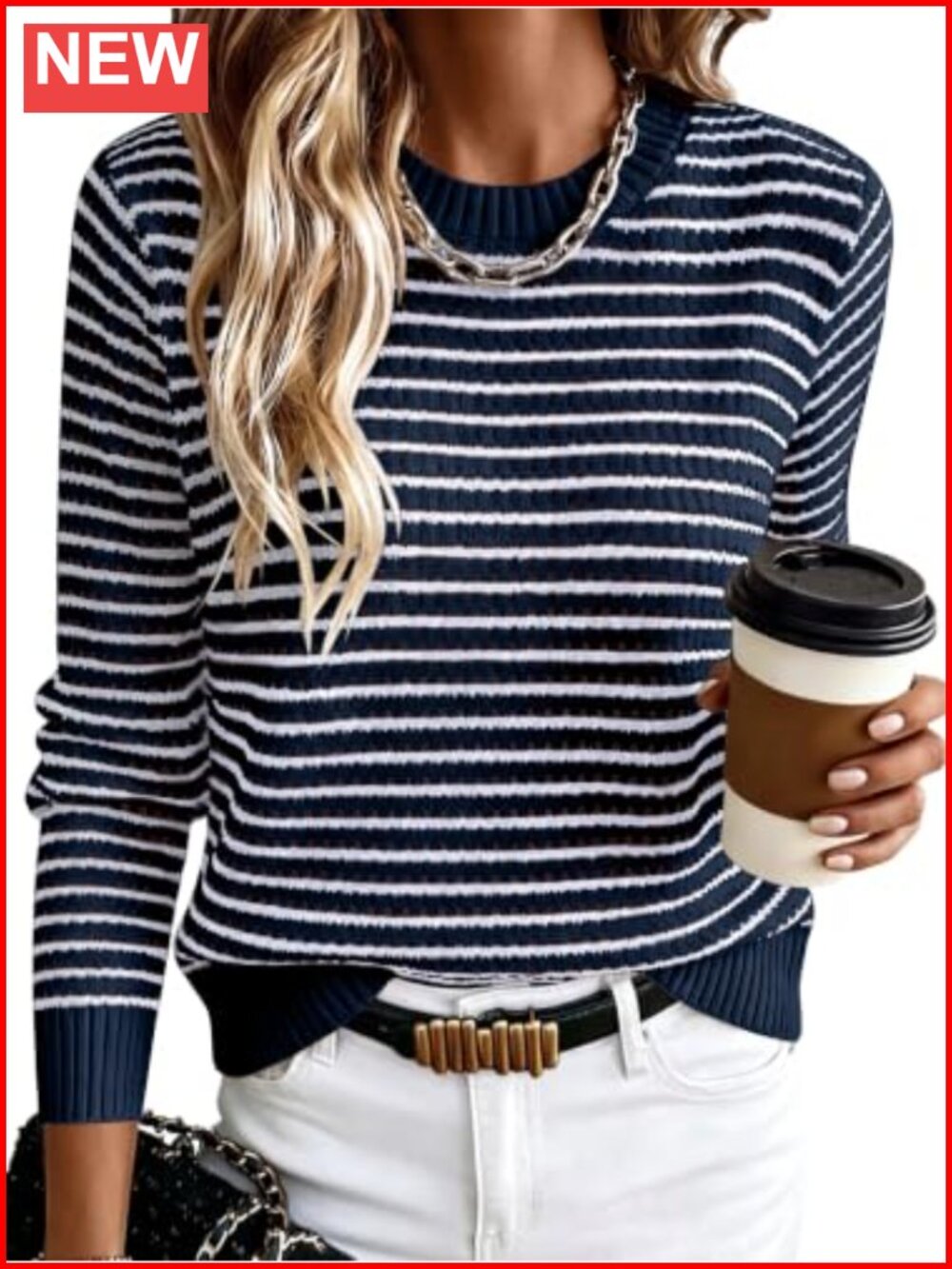 Womens Long Sleeve Striped Crochet Knit Sweater Crew Neck Pullover